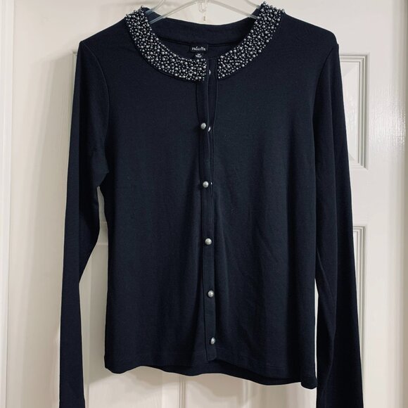 Rafaella Brand Women's Black Sweater with Black Pearl Collar, Size M - Picture 1 of 3